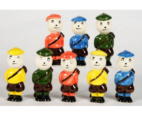 A SET OF EIGHT CARLTON WARE FIGURES OF GOLFERS WITH GOLF BALL SHAPED HEADS, 8.5CM H, PRINTED MARK 