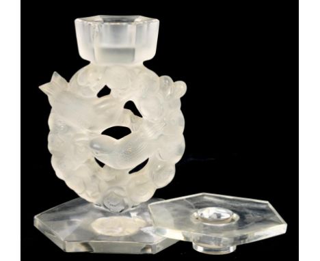 MESANGES. A LALIQUE FROSTED GLASS HEXAGONAL CANDLESTICK AND NOZZLE, 16CM H, STENCIL ETCHED MARK, CHIP ON SCONCE 