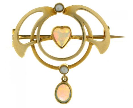 AN ART NOUVEAU HEART SHAPED OPAL AND SEED PEARL BROOCH BY MURRLE BENNETT &amp; CO, IN GOLD MARKED 15CT, APPROX 27 X 25MM, 3G+