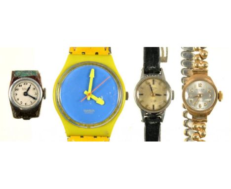 AN EXCALIBUR 9CT GOLD LADY'S WRISTWATCH WITH FLEXIBLE BRACELET, A SWATCH WRISTWATCH, A ROTARY WRISTWATCH AND A RALCO WATCH,  