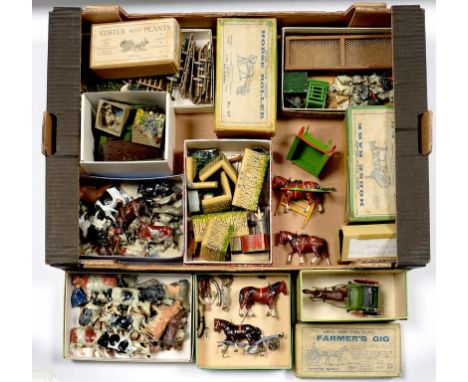 A COLLECTION OF WILLIAM BRITAIN'S HOLLOW CAST LEAD ALLOY FARM ANIMALS AND MODELS, SEVERAL BOXED, INCLUDING FARMERS GIG, HORSE