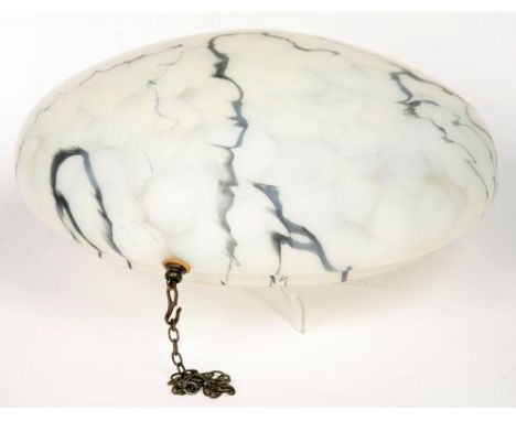 A MARBLED GLASS HANGING LAMP BOWL ON THREE METAL CHAIN, 42CM D, C1930