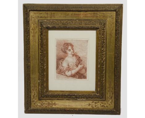 18th Century French School red chalk on paper, 'Young Woman Gazing at a Portrait Miniature',  20 cm x 16 cm, framed and glaze