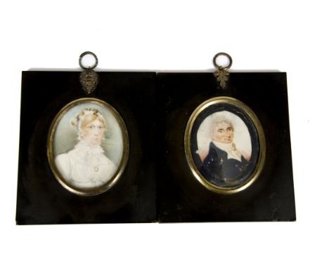 19th Century British School pair of miniatures on card, 'Portrait of a Gentleman in a Black Coat and a White Cravat' and, 'Po