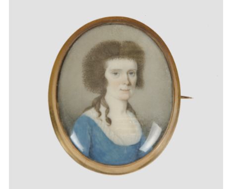 English School c. 1780 miniature, 'Portrait of a Lady with Dark Hair Wearing a Blue Dress and White Chemise', 4.4 cm x 3.4 cm