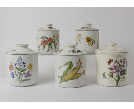 Five Royal Worcester storage jars, featuring designs from the 'Botanic Garden', 'Evesham' and 'Summer Palace' series, 18-23 c