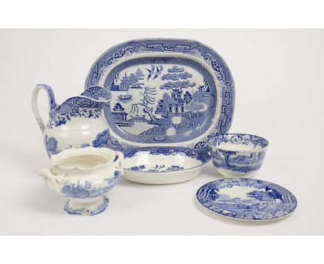 A collection of blue and white ceramics, including four items from Wood &amp; Sons Enoch Woods Castle series, a Copeland Spod