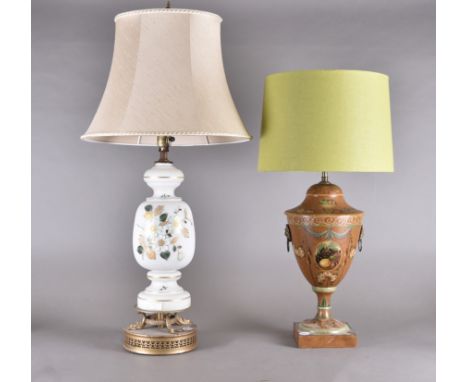 An early 20th Century opaque white glass table lamp, baluster form, painted and applied gilt floral decoration, painted metal