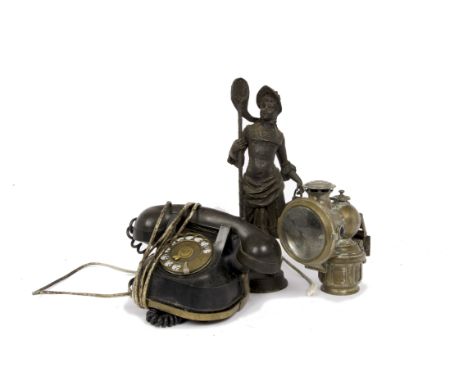 A Lucas 'King of the Road' brass paraffin bicycle headlamp, model no. 262. Together with a vintage telephone, and an early 20