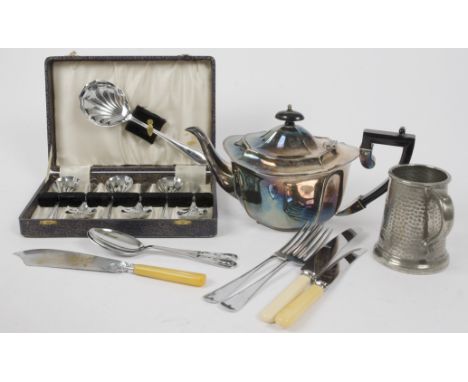 A collection of silver plate, including tea pot, coffee pot, milk jug, sugar bowl, revolving butter dish, round dish with dom