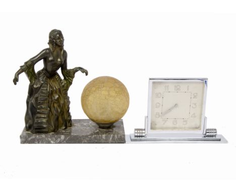 An early 20th Century French table lamp, spelter lady in crinoline, crackled yellow glass globe, marble base, 23 cm wide x 23