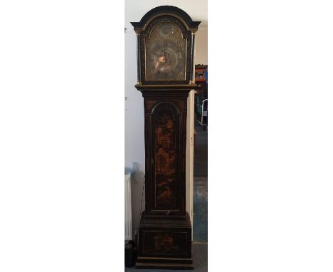 A late 18th Century japanned longcase clock by Francis Eck Northampton, arched brass dial with relief scrollwork and silvered