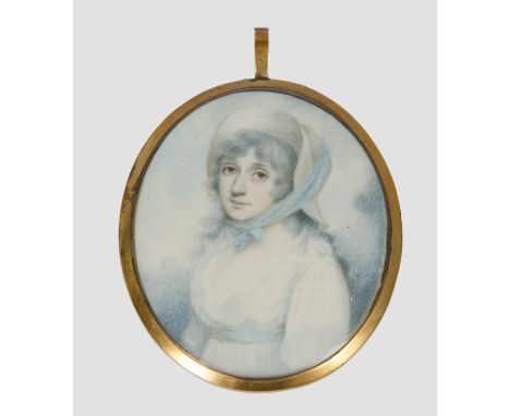 Moses Griffith (1749-1819) miniature, 'Portrait of a Young Lady Wearing a Bonnet, White Dress and Blue Sash', c. 1785, 7 cm x
