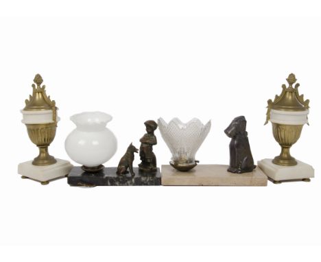 An early 20th Century French table lamp, cast metal models of a young boy and his dog, white glass lamp bowl, marble base, 20