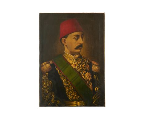 Murad V is shown wearing a richly embroidered military uniform adorned with intricate gold patterns and epaulettes. A green s