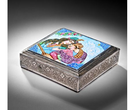 The lid features a vibrant hand-painted enamel scene, depicting a romanticised moment between two figures, likely inspired by
