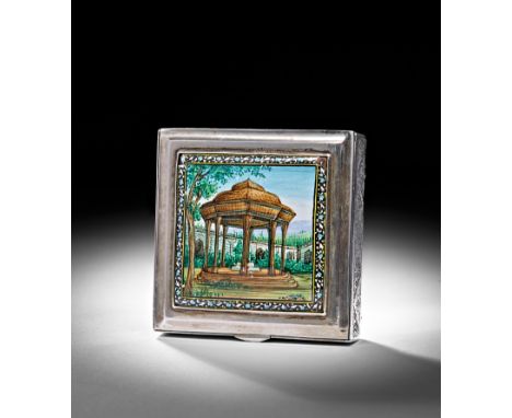 The lid is adorned with a beautifully hand-painted enamel scene depicting an elegant pavilion, framed by an elaborate border 