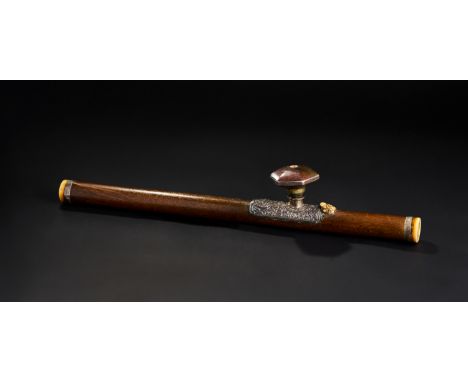 A CHINESE BAMBOO OPIUM PIPE WITH SILVER SADDLE AND STONEWARE DAMPER, 19TH CENTURY&nbsp;    L: 59.5cm&nbsp;