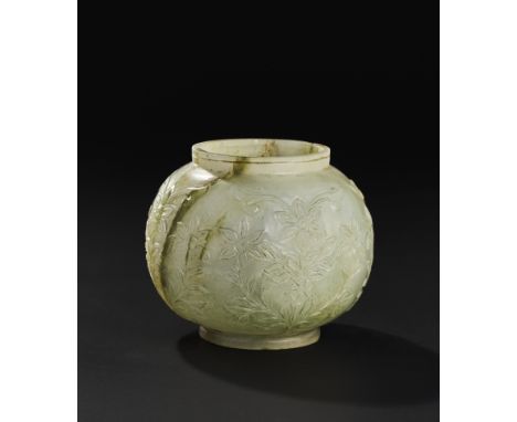 A finely carved 19th-century Mughal jade pot, crafted in India. This elegant vessel features a round, bulbous form with a sli