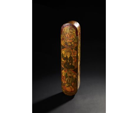    Unusually large 19th-century Persian Qajar lacquered pen box, or Qalamdan, featuring intricate hand-painted portraits of a