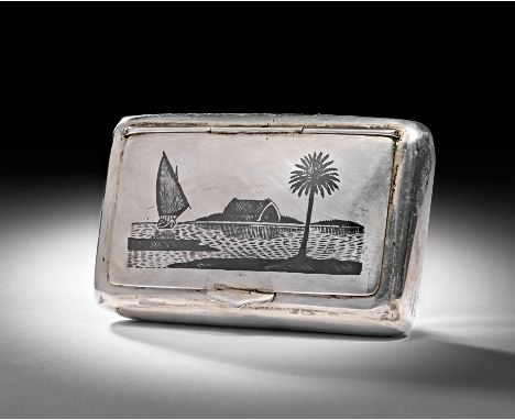 A SILVER AND NIELLO SNUFF BOX, IRAQ, 20TH CENTURY     L: 9.2cm, Weight: 111g&nbsp;