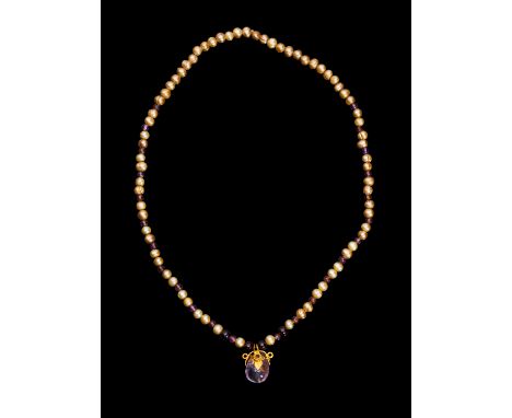A PEARL, AMETHYST AND GOLD NECKLACES, PROBABLY MEDIEVAL 12-13TH CENTURY L: 27cm  