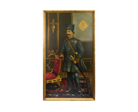 A grand, life-size oil painting on canvas portrays Nasser al-Din Shah Qajar (1831Ã¢â‚¬â€œ1896), the fourth Shah of Persia fro