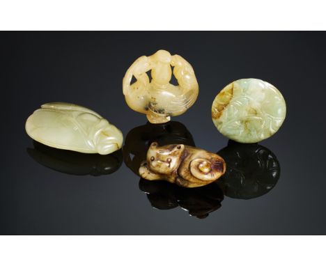 A GROUP OF FOUR CHINESE CARVED JADE BELT OBJECTS&nbsp;    Vase: H: 5cm, Cat: L: 5.5cm, Round plague: 5cm Diameter, Fly: L: 6.