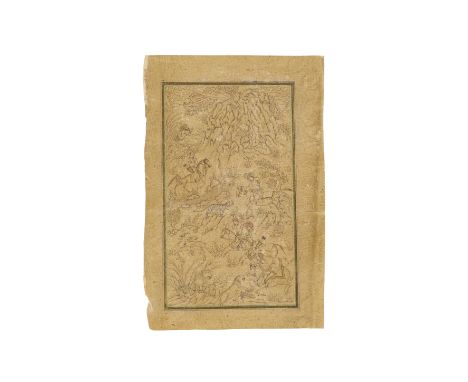    Persian Safavid drawing depicts a dramatic scene of horsemen in a rugged landscape, possibly portraying a battle or a hunt