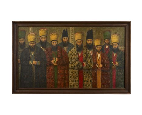 Represents a gathering of Persian dignitaries, likely scholars, poets, or officials, dressed in richly embroidered robes and 