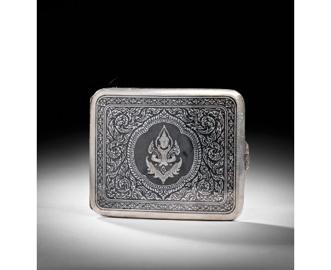 A STERLING SILVER NIELLO CIGARETTE CASE, SIAM, 20TH CENTURY&nbsp;     L: 10cm, Weight: 123g&nbsp;