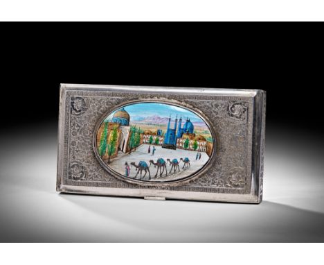 The lid features an oval hand-painted enamel scene depicting a lively caravan of camels against the backdrop of an architectu