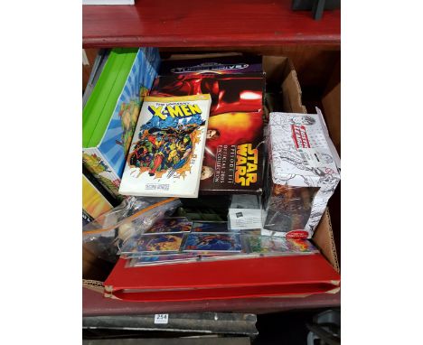 BOX LOT OF TOYS, COLLECTORS CARDS ETC 