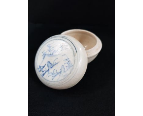 ANCIENT CERAMIC POT AND LID WITH PAINTED LANDSCAPE FROM THE HOI-AN HOARD DATING TO 1480 