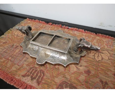 A Walker and Hall silver plated ink stand with dogs head's handles, 29cm long