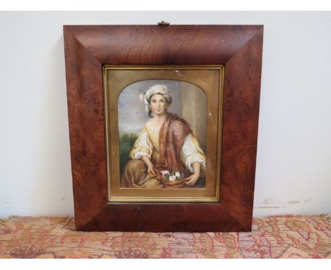 A 19th Century miniature portrait of female picking flowers, water colour, later walnut frame 12.5cm x 10cm 