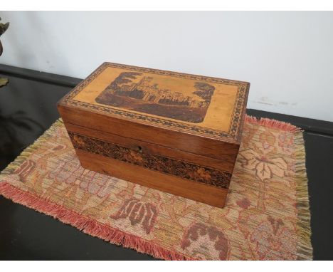 A Victorian Tunbridgeware tea caddy with castle scene 