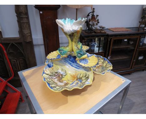 A late 19th/20th Century Italian Cantagalli Majolica table centre-piece tortoise supporting shells and dolphins on back, hand