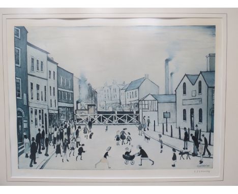 AMENDED - LAURENCE STEPHEN LOWRY (ARR) print : "The Level Crossing" with fine art blind stamp and pencil signed, framed and g