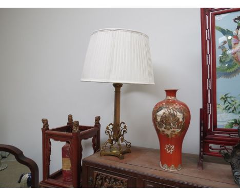 An ormulu lamp base with onyx column scroll base and shade, 70cm tall 