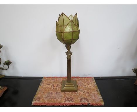 An Edwardian brass column form lamp with shade 50cm tall 