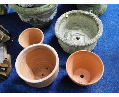 Three terracotta pots, one with hairline &amp; one 'stoneware' planter