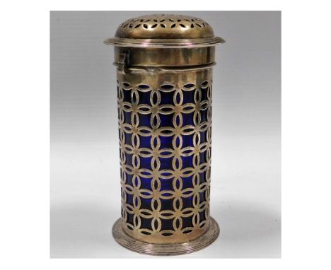 A 1904 Chester silver sifter with blue glass liner by Haseler Bros, silver weight 96.1g