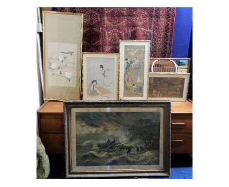 An ornately framed large Victorian print titled "Launching the Lifeboat" twinned with a framed Chinese watercolour, 37in x 16