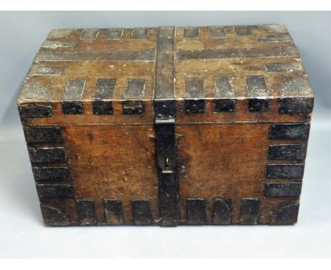 An antique iron bound trunk with clasp, 30.75in wide x 19in deep x 19in high