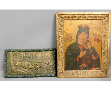 A framed antique Russian icon print, 25in x 20in including frame, twinned with a plaster moulding of running boars in forest,