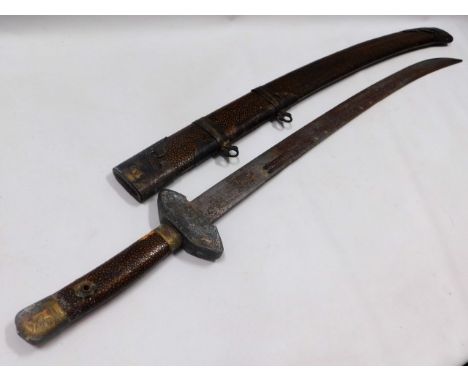 A Chinese sword with wooden handle &amp; scabbard, 36in long