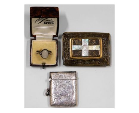 A 1902 Birmingham silver vesta case by Cornelius Saunders &amp; Frank Shepherd twinned with a silver ring &amp; a brass snuff