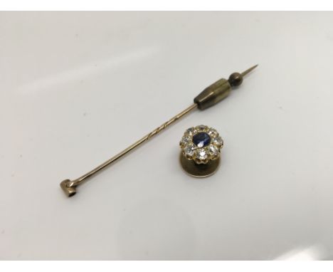 A sapphire and diamond stick pin. Weight approx 5.18g