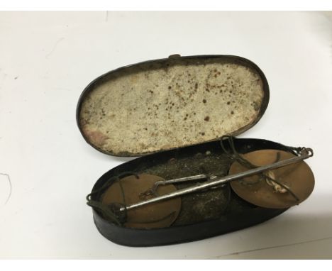 A set of small Early 19th Century beam balance scales in an orgional tin, 13cm,
